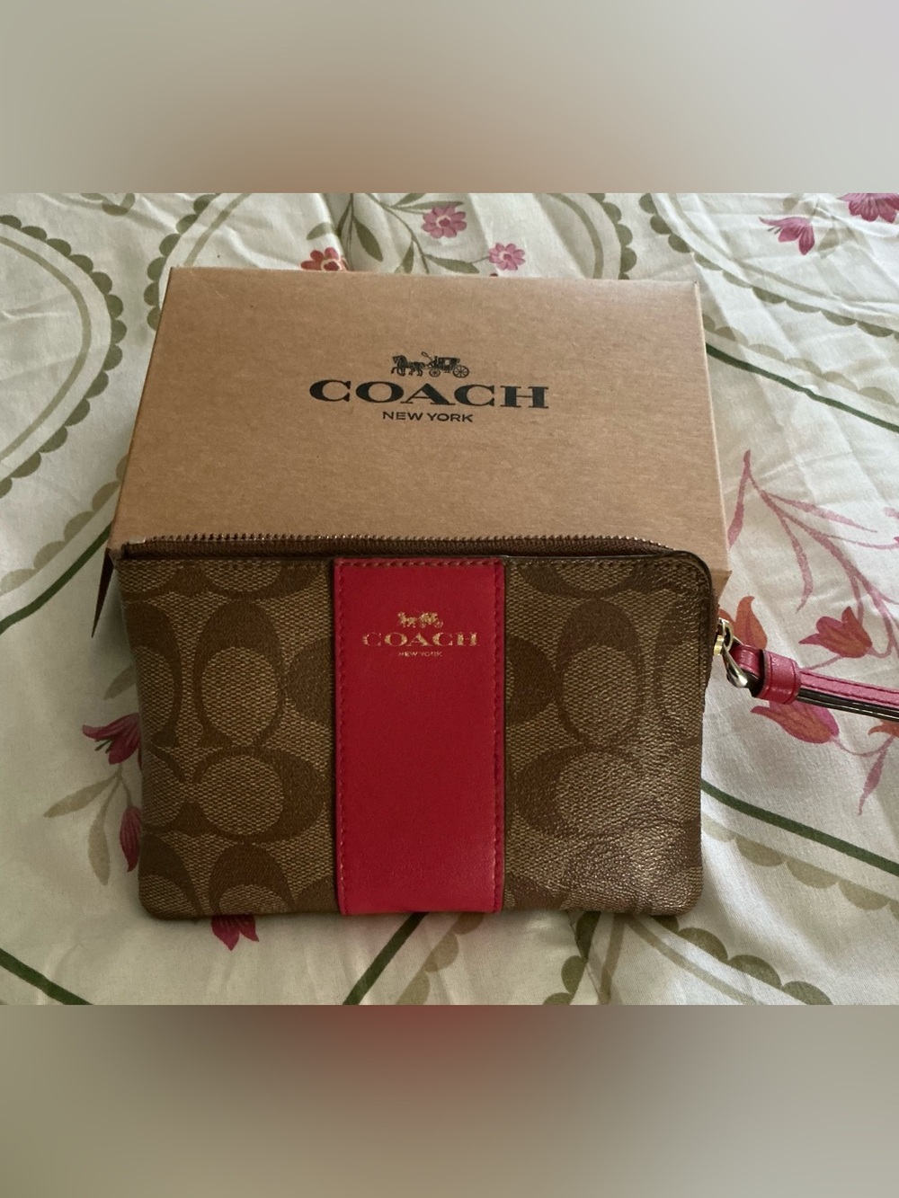 Coach Brown Signature Canvas Wristlet with Red Center Stripe
